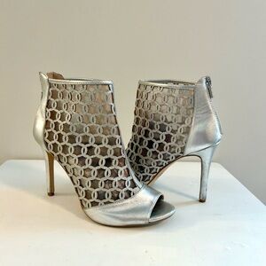 Jewel Badgley Mishka Silver Peep Toe Mesh Heels